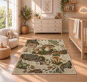 Vintage forest floor naturalist sketch rug in a nursery with a wooden floor