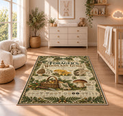 Vintage forager's woodland guide rug in a nursery with a wooden floor