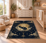Sun and moon faces celestial rug in a nursery with a wooden floor