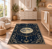 Full moon zodiac circle with floral corners rug in a nursery with a wooden floor