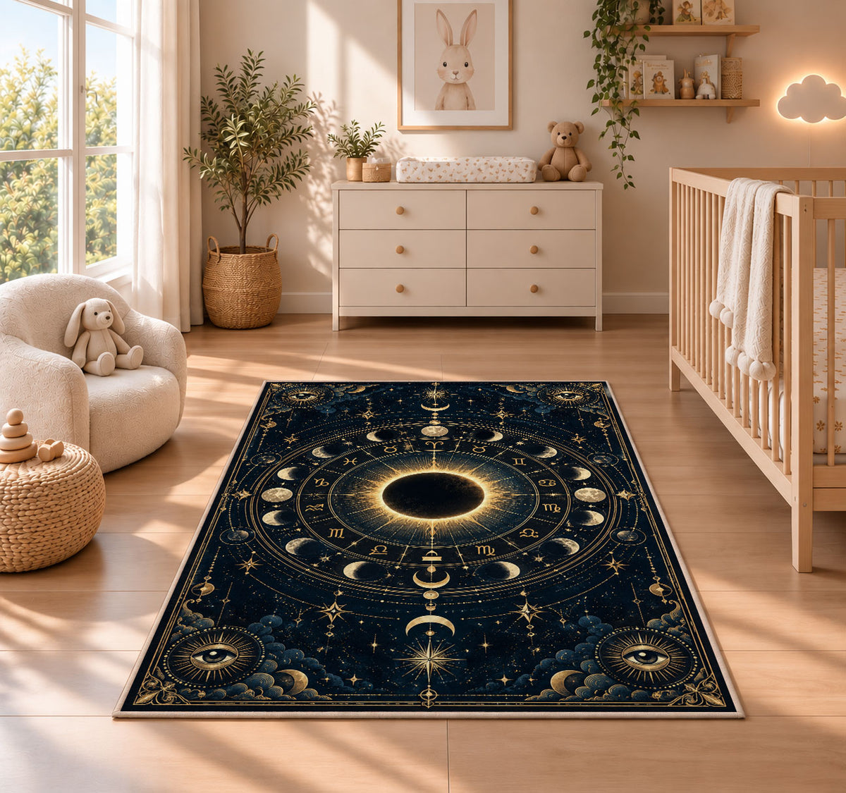 Solar eclipse zodiac with moon phases rug in a nursery with a wooden floor