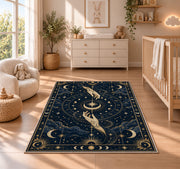 Mystic hands reaching for a crescent moon rug in a nursery with a wooden floor