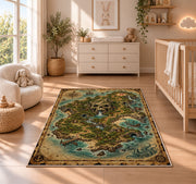 Vintage skull island treasure map rug in a nursery with a wooden floor