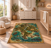 Turquoise treasure island map rug in a nursery with a wooden floor