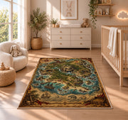 Vintage skull mountain pirate map rug in a nursery with a wooden floor