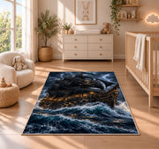 Black pirate ship in a stormy sea rug in a nursery with a wooden floor