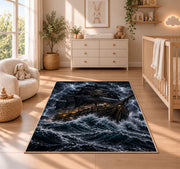 Lantern-lit pirate galleon in a lightning storm rug in a nursery with a wooden floor