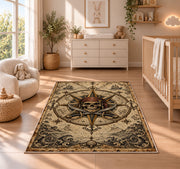 Pirate skull compass rose with crossed swords rug in a nursery with a wooden floor