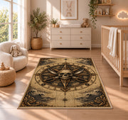Sepia skull compass with crossed cutlasses rug in a nursery with a wooden floor