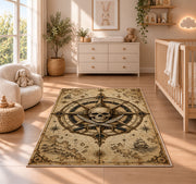 Light parchment skull nautical chart rug in a nursery with a wooden floor
