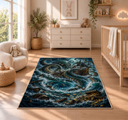 Kraken attacking a ship in a stormy sea rug in a nursery with a wooden floor