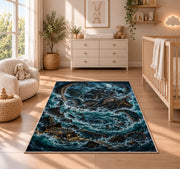 Kraken whirlpool shipwreck rug in a nursery with a wooden floor