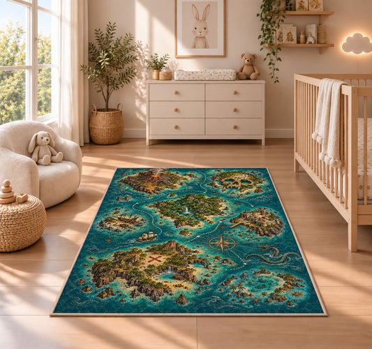 Pirate archipelago map with volcano and skull island rug in a nursery with a wooden floor