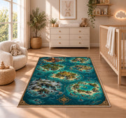 Tropical atoll pirate map rug in a nursery with a wooden floor