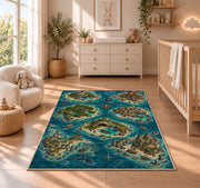 Pirate cove island map with shipwreck and sharks rug in a nursery with a wooden floor
