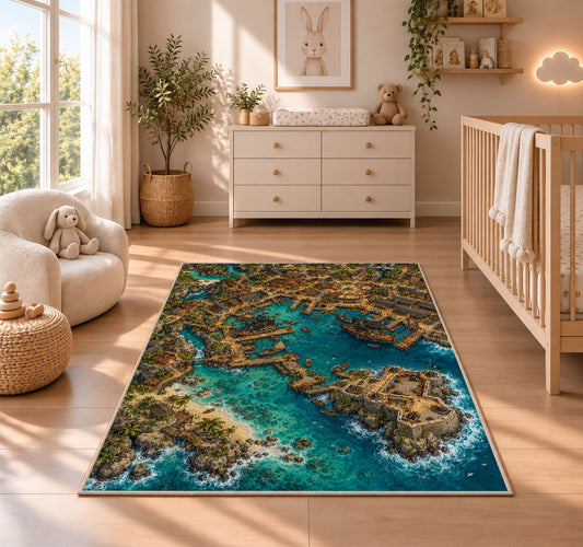 Aerial pirate harbor town with fortress rug in a nursery with a wooden floor