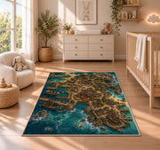 Aerial pirate port city with docks rug in a nursery with a wooden floor