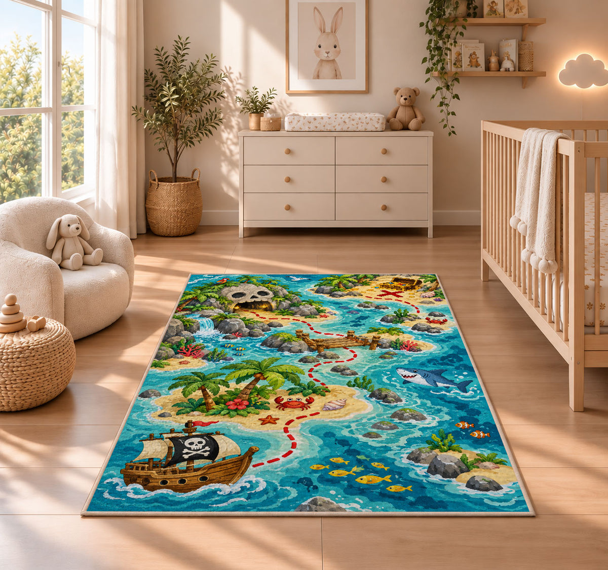 Cartoon kids pirate treasure map rug in a nursery with a wooden floor