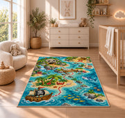 Cartoon kids pirate treasure map rug in a nursery with a wooden floor