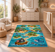Cartoon pirate adventure island map rug in a nursery with a wooden floor