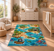 Cartoon treasure hunt map with sea animals rug in a nursery with a wooden floor