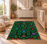 Dinosaur jungle arcade maze rug in a nursery with a wooden floor