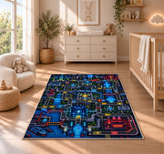 Futuristic sci-fi city circuit maze rug in a nursery with a wooden floor