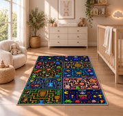 Multi-level arcade game board rug in a nursery with a wooden floor