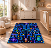 Outer space arcade maze rug in a nursery with a wooden floor