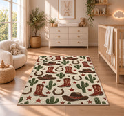 Western icons pattern rug in a nursery beside a crib and dresser