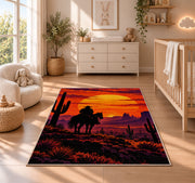 Cowboy sunset rider rug in a nursery beside a crib and dresser