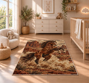 Wild mustang rug in a nursery beside a crib and dresser