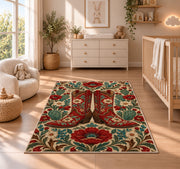 Embroidered red boots rug in a nursery beside a crib and dresser