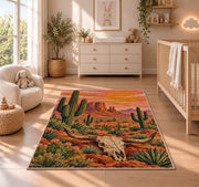 Desert longhorn sunset rug in a nursery beside a crib and dresser