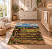 Ranch gate and barn rug in a nursery beside a crib and dresser