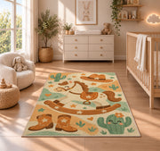 Little cowboy nursery rug in a nursery beside a crib and dresser