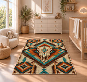 Longhorn Aztec rug in a nursery beside a crib and dresser