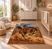 Rodeo bronc rider rug in a nursery beside a crib and dresser