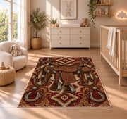 Tooled saddle rug in a nursery beside a crib and dresser