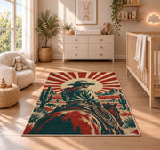 Vintage cowboy poster rug in a nursery beside a crib and dresser