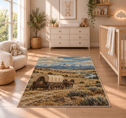 Covered wagon prairie rug in a nursery beside a crib and dresser