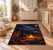 Cowboy campfire rug in a nursery beside a crib and dresser