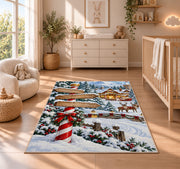 North Pole Signpost rug in a nursery beside a crib and dresser