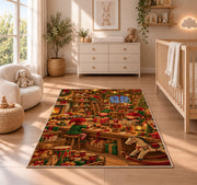 Santa's Workshop Elves rug in a nursery beside a crib and dresser