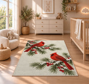 Winter Cardinals on Pine rug in a nursery beside a crib and dresser