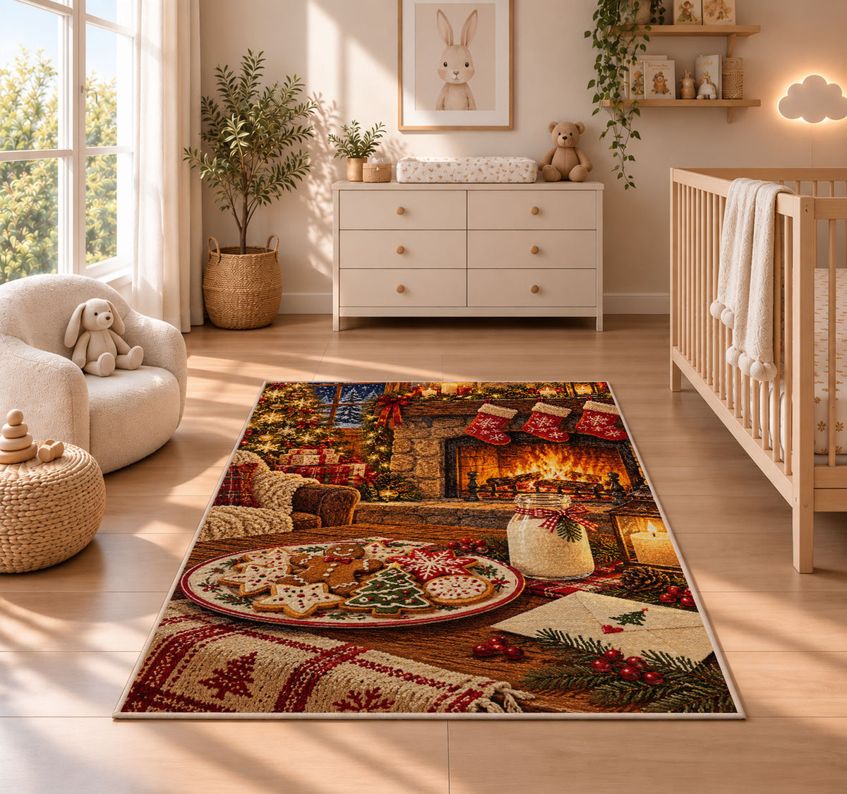 Milk and Cookies for Santa rug in a nursery beside a crib and dresser