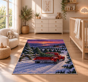 Christmas Tree Farm Red Truck rug in a nursery beside a crib and dresser