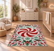 Peppermint Candy Swirl rug in a nursery beside a crib and dresser