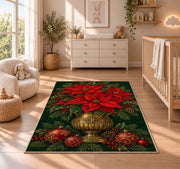 Poinsettia Brass Pot rug in a nursery beside a crib and dresser