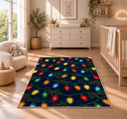 Vintage Christmas Lights rug in a nursery beside a crib and dresser
